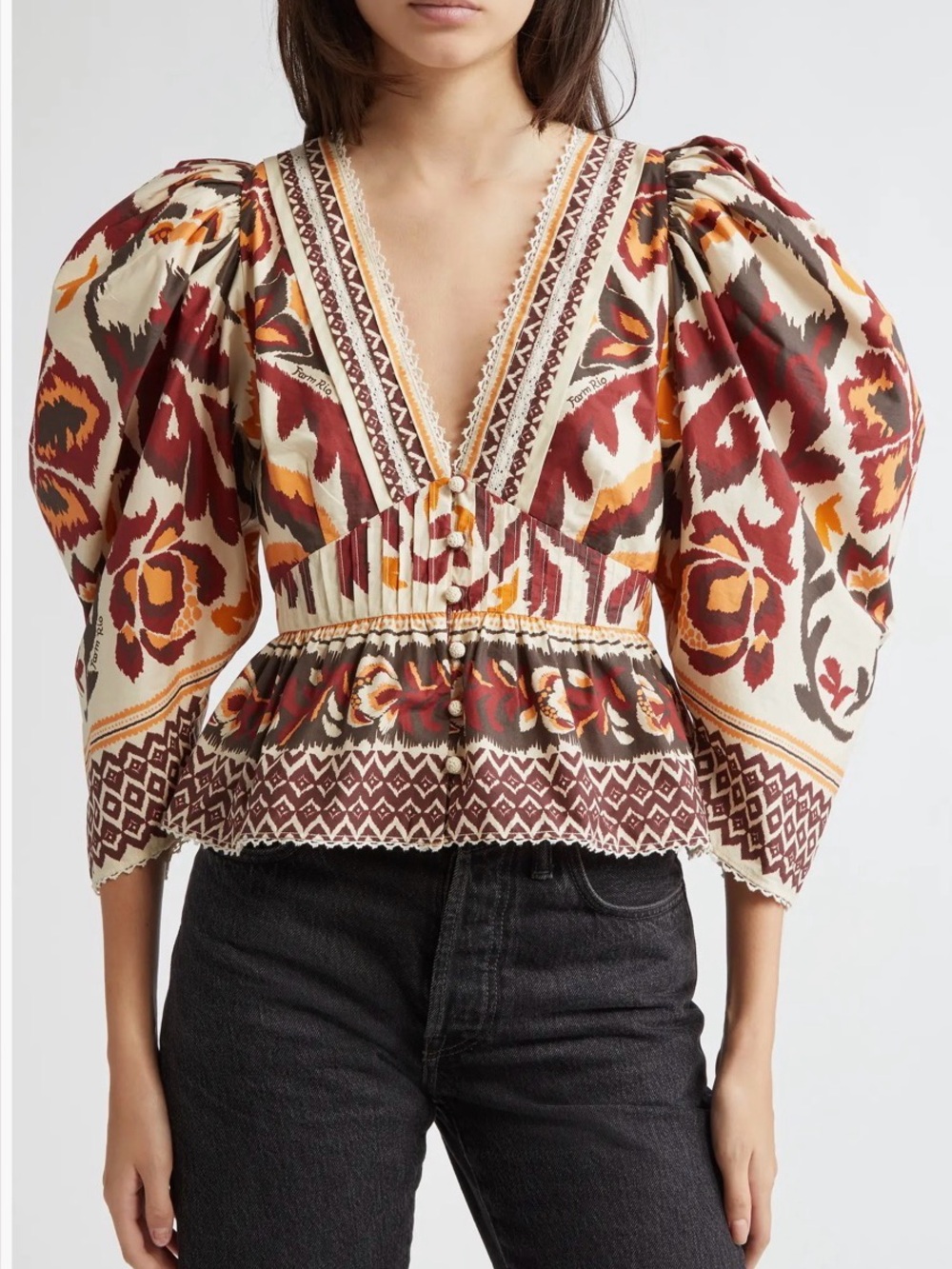 Farm Rio Toucans Scarf Cream Puffed Sleeve Blouse